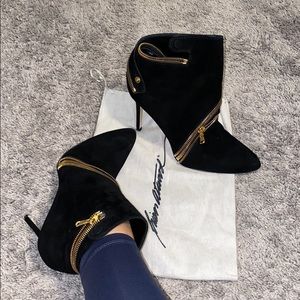 Brian Atwood blck suede w/gold wrap around zipper